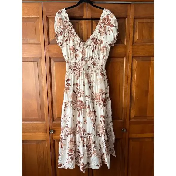 Abercrombie & Fitch Women's Brown Floral Smocked Puff Sleeve Midi Dress Size LT - Picture 2 of 11